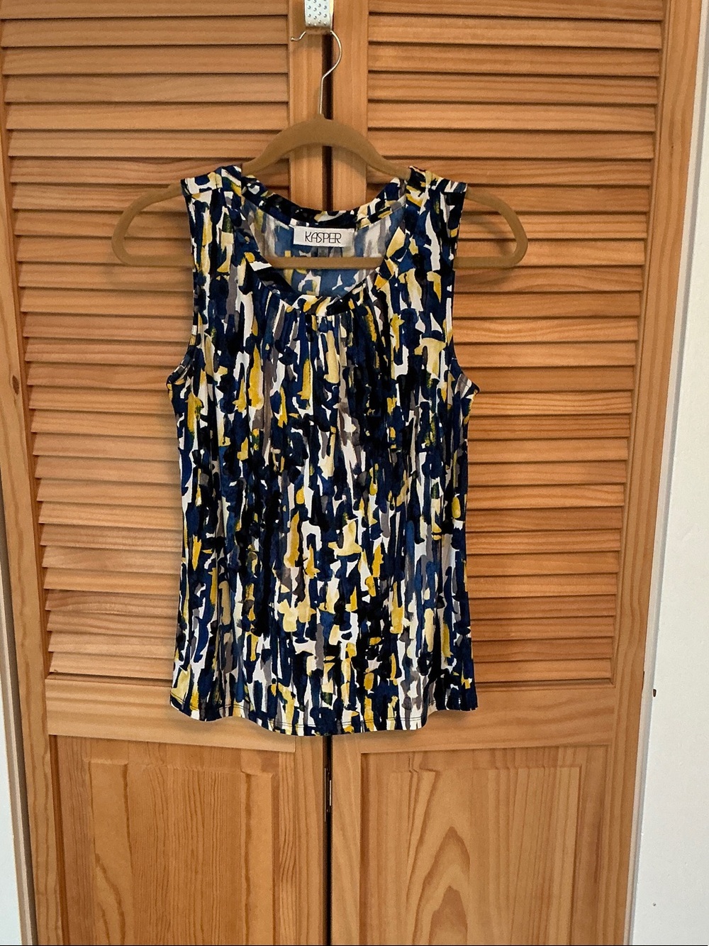 Kasper Navy, Yellow & White Abstract Print Sleeveless Blouse